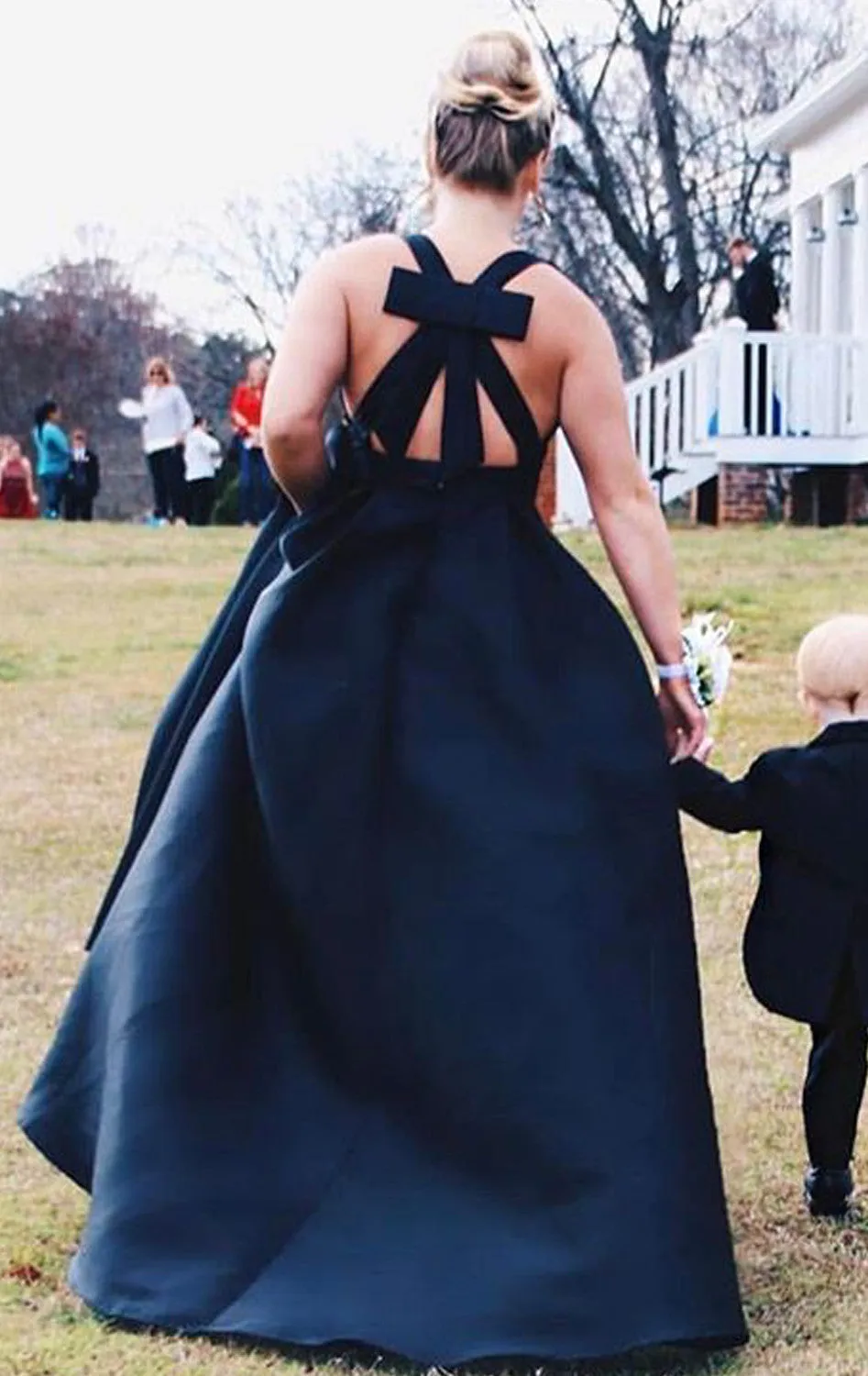 MACloth Deep V Neck Prom Dress Elegant Bow Back Formal Evening Gown