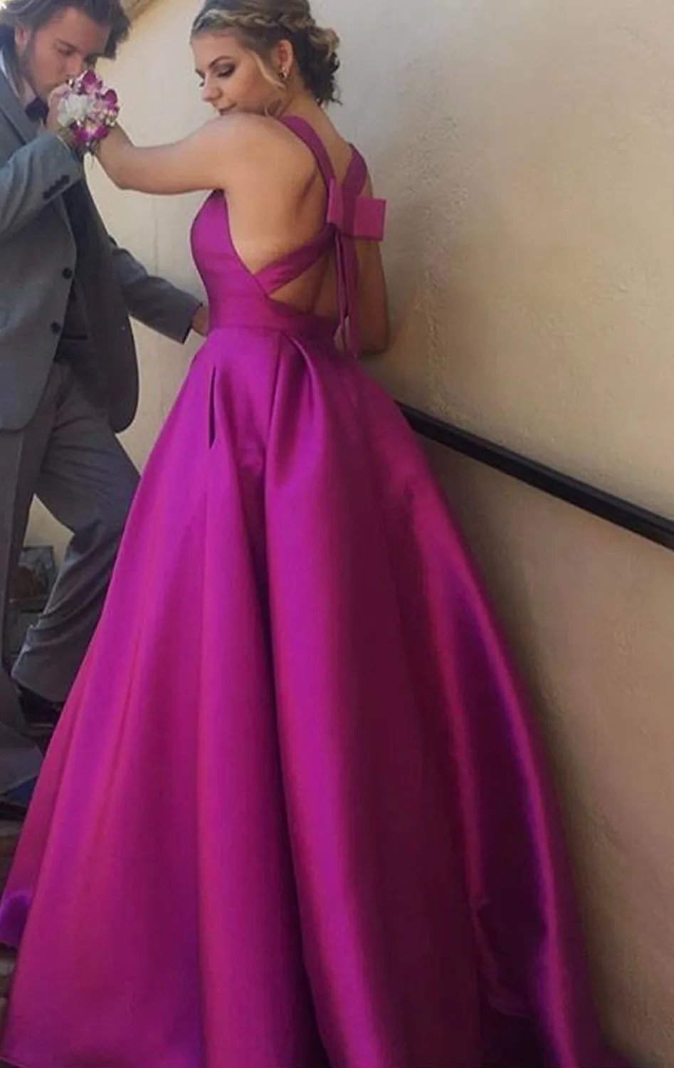 MACloth Deep V Neck Prom Dress Elegant Bow Back Formal Evening Gown