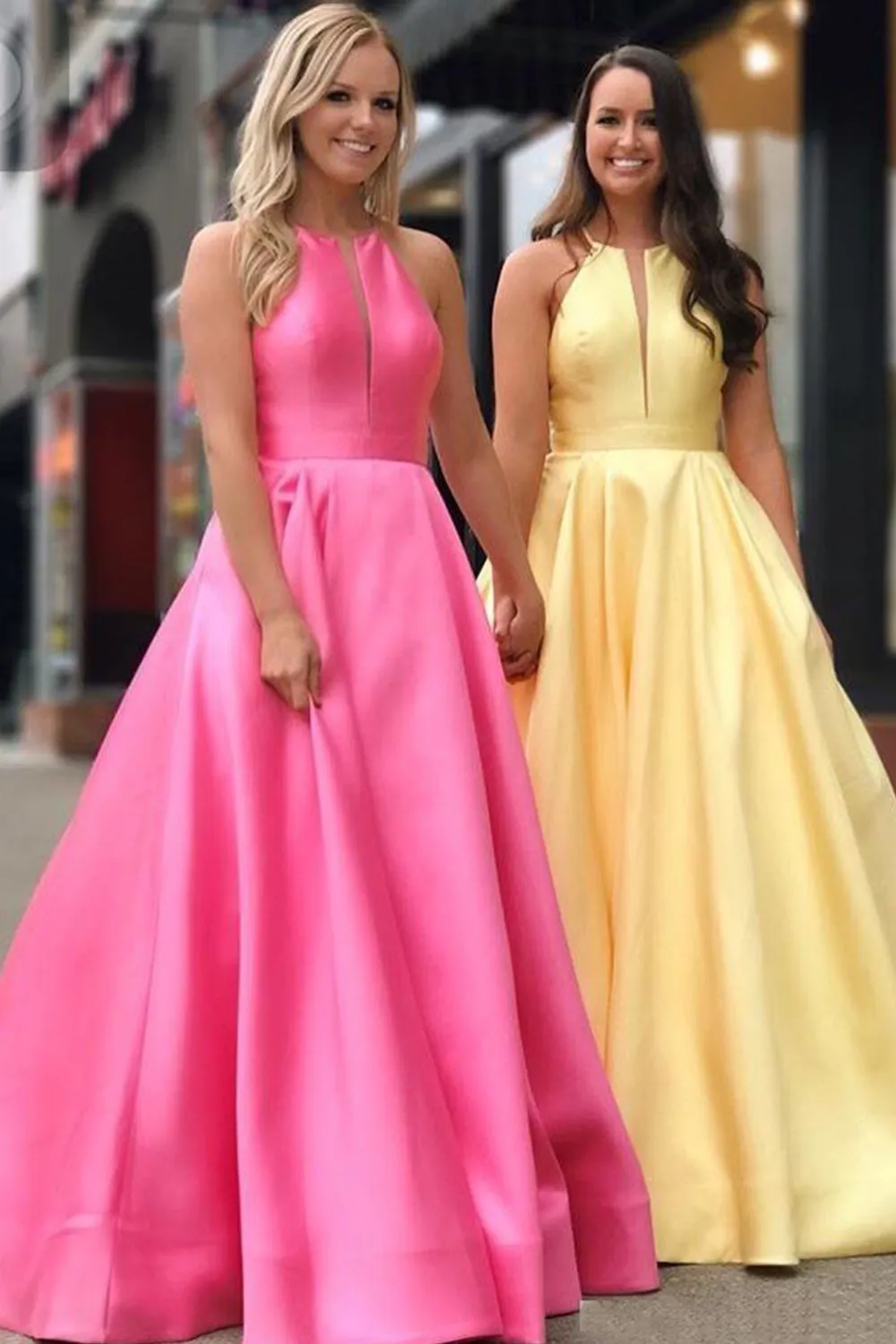 MACloth Halter Illusion V Neck Long Prom Dress Yellow Formal Evening Gown