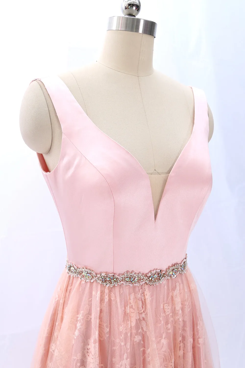 MACloth Straps V Neck Lace Satin Pink Prom Dress Formal Evening Gown