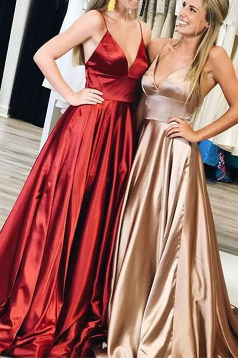 MACloth Straps V Neck Satin Long Prom Dress Burgundy Formal Evening Gown