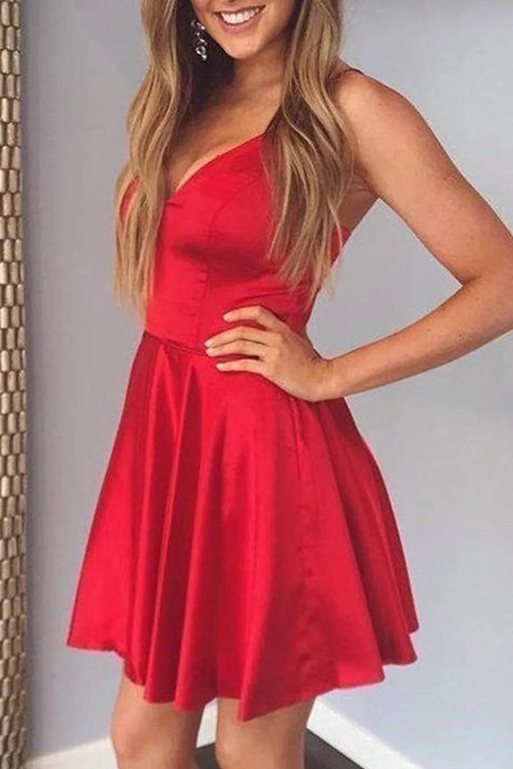 MACloth Straps V Neck Satin Mini Prom Homecoming Dress Sky Blue Cocktail Party Dress