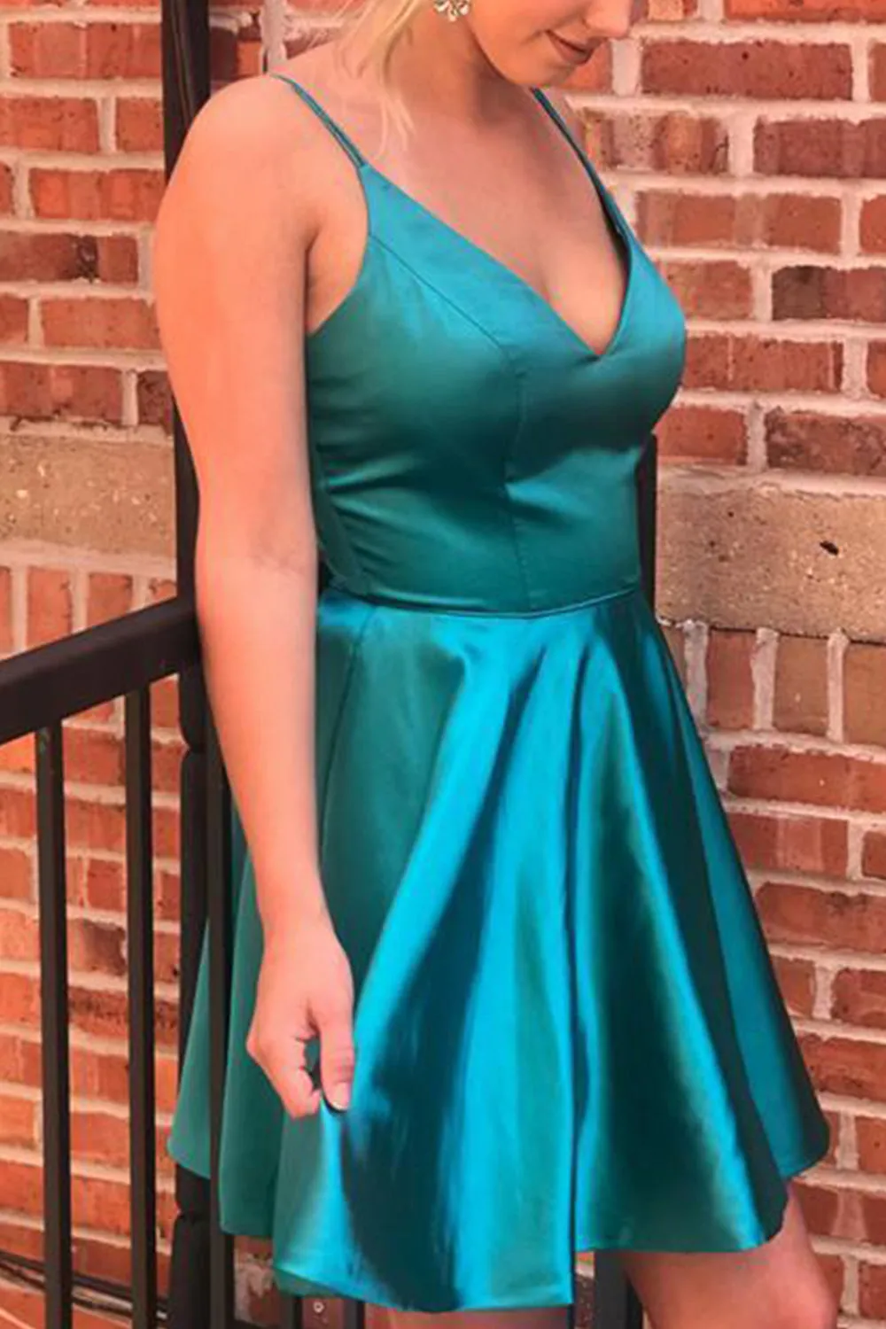 MACloth Straps V Neck Satin Mini Prom Homecoming Dress Sky Blue Cocktail Party Dress