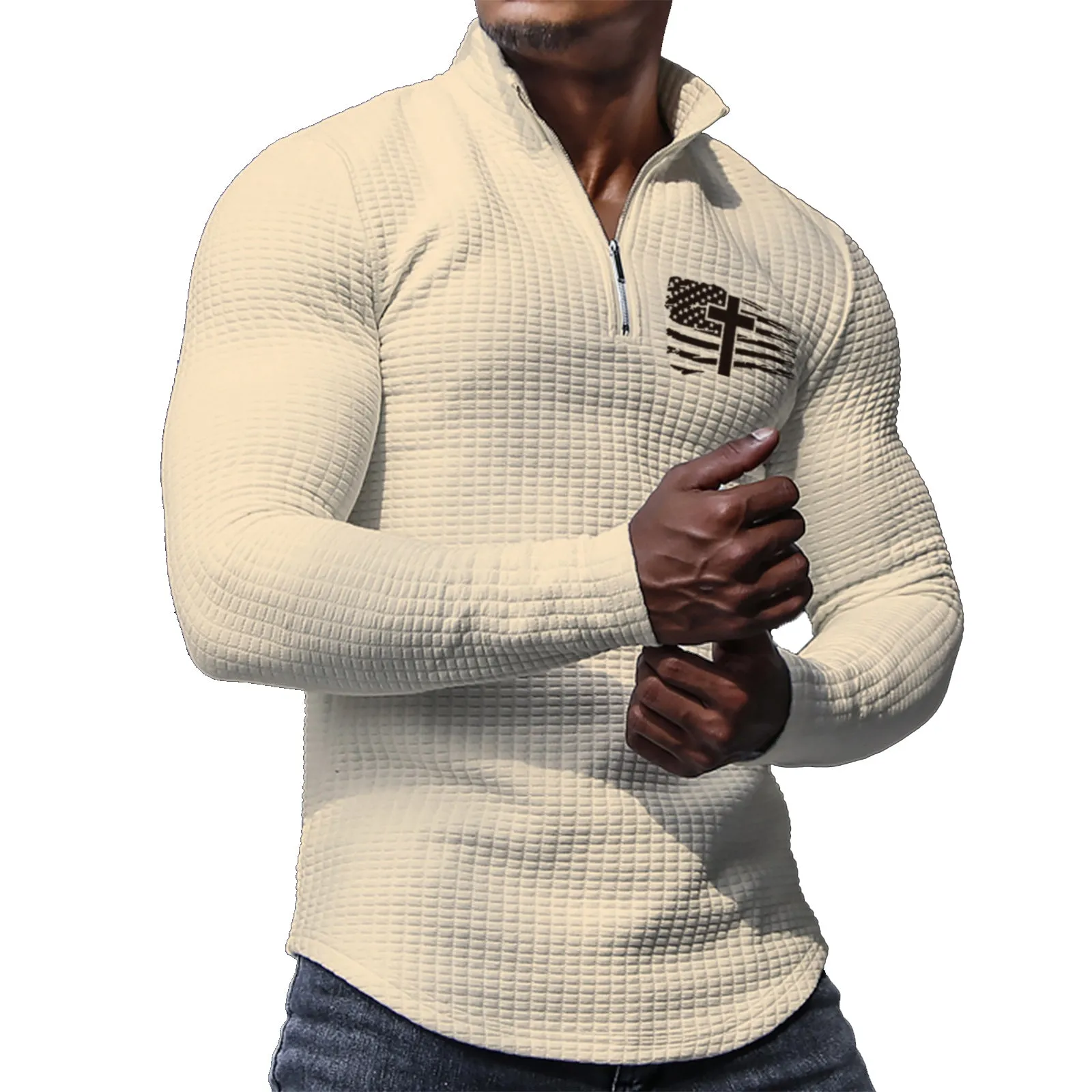 USA FLAG CROSS  MID-WEIGHT WAFFLE GRAPHIC STAND COLLAR  ZIPPER SWEATSHIRT